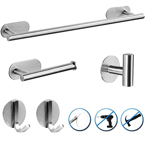 O'woda 5 Piezas Juego de Accesorios de Baño, Toallero Baño 40 cm + Portarrollos para Papel + Toallero Barra + 2 Gancho Adhesivo, 304 Acero Inoxidable, Sin Taladro (Plata)