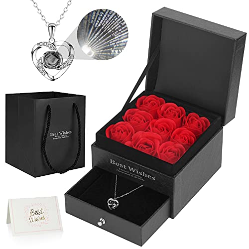 Ozrpn Juego de Rosas Eternas,Regalo Original para Damas,Caja de joyería de Rosa eterna con Collar de te Amo,Regalo de cumpleaños, Día de San Valentín,Día de la Madre,Aniversario,Navidad (Negro)