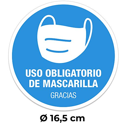 Pack 2 señales adhesivas"Uso obligatorio de mascarilla" texto en español | 2 unidades de 16 cm