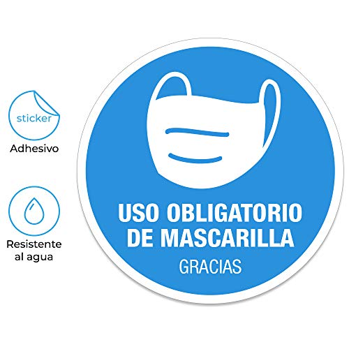 Pack 2 señales adhesivas"Uso obligatorio de mascarilla" texto en español | 2 unidades de 16 cm