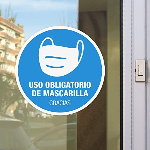 Pack 2 señales adhesivas"Uso obligatorio de mascarilla" texto en español | 2 unidades de 16 cm