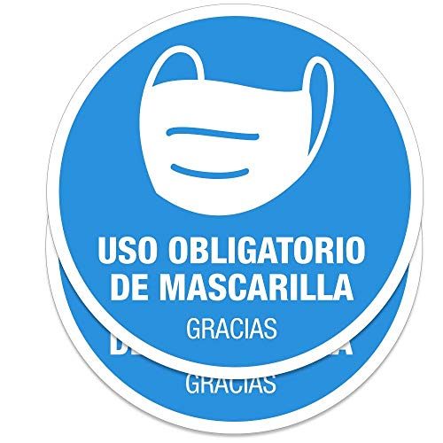 Pack 2 señales adhesivas"Uso obligatorio de mascarilla" texto en español | 2 unidades de 16 cm