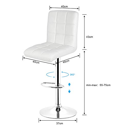 Pack 2 Taburetes Altos de Cocina con Respaldo de 43 cm de Altura, Taburetes Tapizados en Piel Sintética, Taburetes Cocina Bar con Goma Antideslizantee (2, Blanco)