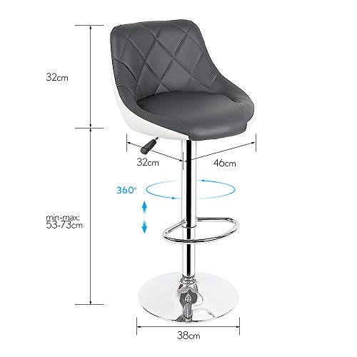 Pack 4 Taburetes Altos de Cocina con Respaldo y Reposapiés en Acero Cromado, Regulable en Altura de 53 a 73 cm, Taburetes de Bar Giratorios, Banquetas de Bar de Cuero Sintético (4, Gris Blanco)