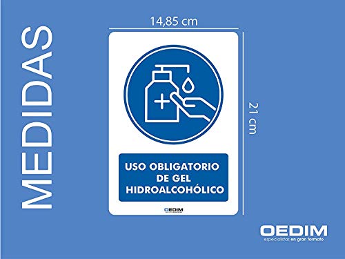 Pack 5 Señales de Uso Obligatorio Gel Hidroalcohólico | Medida 14,85x21cm | Señaletica en Material PVC 3 mm | Duradera y Económica