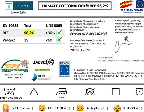 Pack 5x Mascarilla Higiénica Reutilizable UNE 0065 Tela 100% Algodón - Niño 6-9 años S - BFE 98% - Lavable Antialérgica - Homologada en España - Cottonblock