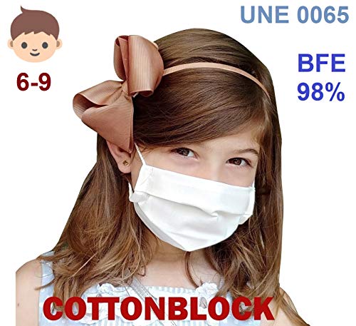 Pack 5x Mascarilla Higiénica Reutilizable UNE 0065 Tela 100% Algodón - Niño 6-9 años S - BFE 98% - Lavable Antialérgica - Homologada en España - Cottonblock