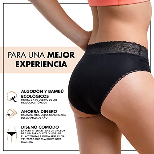 Pack de 3 Bragas Menstruales Negras Ecológicas - Bragas de mujer de protección Absorbente y Lavable - Ropa Interior Mujer Ecológica para el periodo con 4 capas anti pérdidas para la menstruacion