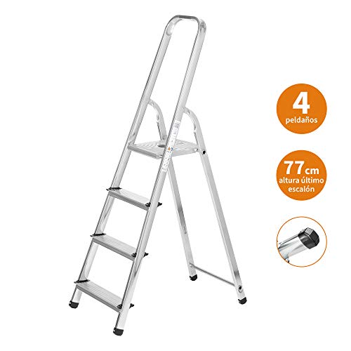 packer PRO Escaleras Plegables Aluminio de Tijera Super Resistente hasta 150Kg, Acero y Aluminio Antideslizantes, Altura de Trabajo hasta 280cm, 4 Peldaños