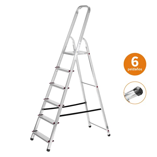 packer PRO Escaleras Plegables Aluminio de Tijera Super Resistente hasta 150Kg, Acero y Aluminio Antideslizantes, Altura de Trabajo hasta 310cm, 6 Peldaños