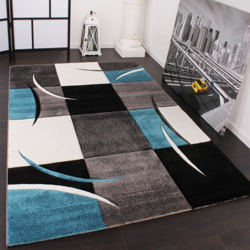 Paco Home Alfombra De Diseño Perfilado - A Cuadros En Turquesa Gris, tamaño:240x330 cm