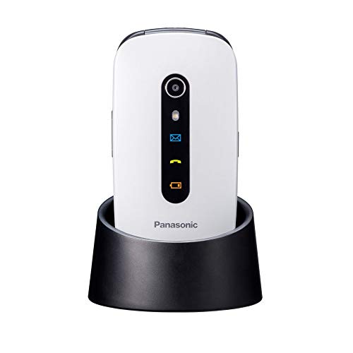 Panasonic KX-TU466EXWE - Teléfono Móvil para Mayores (Pantalla Color 2.4", Botón SOS, Base Carga, Compatibilidad Audífonos, Resistente Golpes, Batería Larga Duración, Bluetooth, GPS, Cámara) Blanco