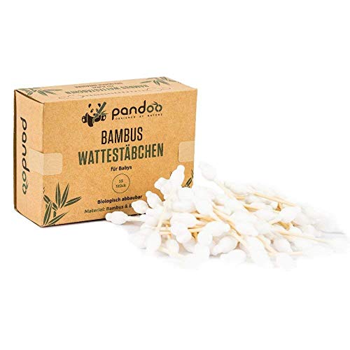 Pandoo 4 hisopos de algodón de bambú para bebés - 100% biodegradable, vegano y sostenible - Hisopos de algodón de alta calidad compostables