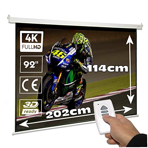 Pantalla de proyeccion electrica 92" para proyector , cajetin de Acero Lacado en Blanco, Pantalla para proyector motorizada con Mando inalambrico, Compatible con HD, 1080p, 4K (92 Pulgadas 16:9)