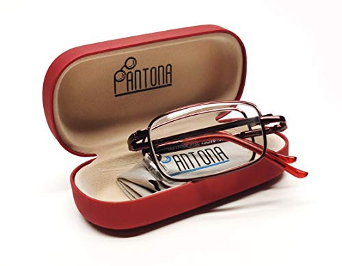 PANTONA –Gafas de Lectura Plegable Metalica con Montura Ligera,Gafas Presbicia Flexible con Mini Estuche Bolsillo Portátil,Rojo+2.00