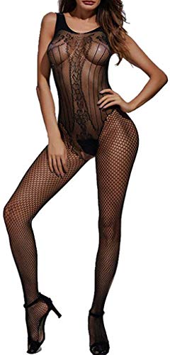 Papapai Ropa Interior Sexy Estampada para Mujer Medias de Red de Liga Huecas Transparentes Ropa Interior para Mujer Monos Pijamas Huecos de Malla Medias para el Cuerpo (Negro)