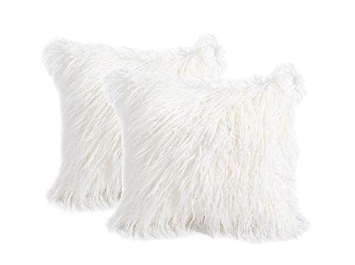 Paquete de 2 Fundas de Pelo para Cojines Blanco 45x45cm, Funda de Cojín Mongol de Piel Sintética Suave para Sofá, Cama, Fundas Decorativas de Cojines de Peluche para Decoración del Hogar