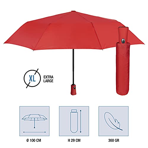 Paraguas Mujer Plegable Antiviento - Paraguas Plegable Resistente al Viento - Paraguas Pequeño de Bolso Tamaño Grande con Abre y Cierre Automático - Sombrilla Lluvia Portátil Diámetro 100 cm (Rojo)