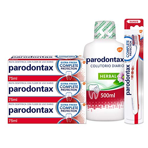 Parodontax, Pack de 3 Pastas de Dientes con 1 Cepillo de Dientes Suave y 1 Colutorio Diario Herbal, Complete Protection, Extra Fresh