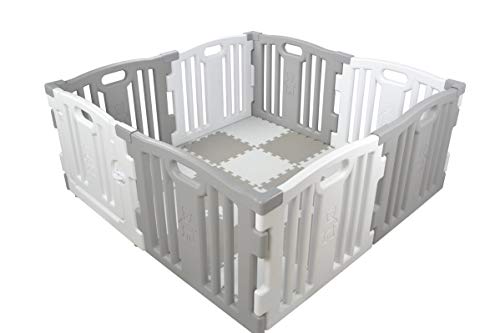 Parque de Bebe XL 8 Piezas Star Ibaby Play Twin/Incluye alfombra puzzle 16 piezas/Multiples Formas de Montaje Color Blanco&Gris