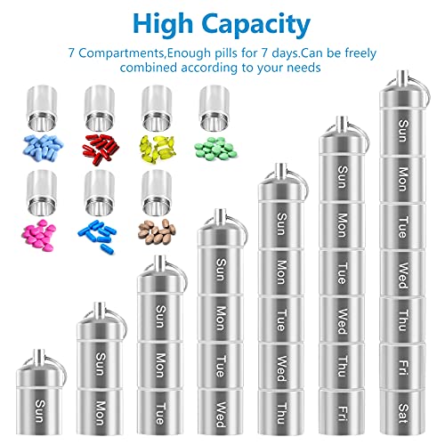 Pastillero Semanal 7 Dias ，Pastillero Semanal de Aluminio Humedad e impermeable con llavero,Organizador diario de medicación con 7 Compartimentos,Cualquier Combinación,Apto para Viajes y Exteriores