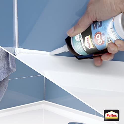 Pattex 2246860 Silicona Go Baños, silicona blanca para una aplicación fácil y precisa, silicona antimoho para baño y cocina, sellador de juntas impermeable, 1 x 100 ml