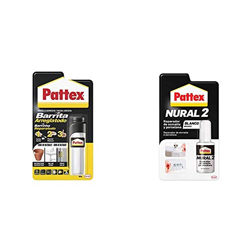 Pattex Barrita Arreglatodo Masilla bicomponente, pasta moldeable para pegar y reparar, 48 g + Pattex Nural 2 Reparador de esmalte y porcelana, esmalte permanente blanco para desconchados,1 x 50 g