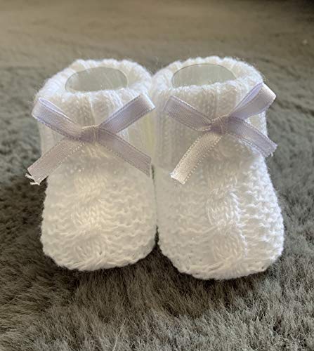 Patucos De Lana Clasicos Surditos para Bebé Niñas 0-3 Meses - Trenzado - en Caja Regalo Calcetines con Lazo para Bebé Recién Nacidos Niñas Pequeñas (Blanco)