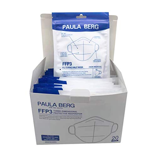 Paula Berg 20x FFP3 - Mascarilla antipolvo plegable - con accesorio para el oído - filtro del 99% - sin válvula - embalada herméticamente