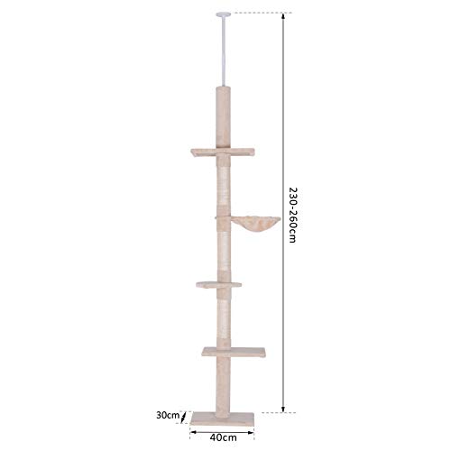 PawHut Árbol para gatos Torre Rascador de Gato de 5 Niveles Fijado al Techo Ajustable en Altura con Múltiples Plataformas Cubierta de Felpa Suave 40x34x230-260 cm Beige