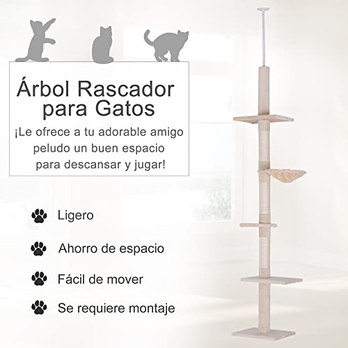 PawHut Árbol para gatos Torre Rascador de Gato de 5 Niveles Fijado al Techo Ajustable en Altura con Múltiples Plataformas Cubierta de Felpa Suave 40x34x230-260 cm Beige