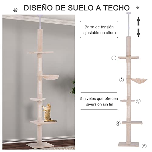 PawHut Árbol para gatos Torre Rascador de Gato de 5 Niveles Fijado al Techo Ajustable en Altura con Múltiples Plataformas Cubierta de Felpa Suave 40x34x230-260 cm Beige