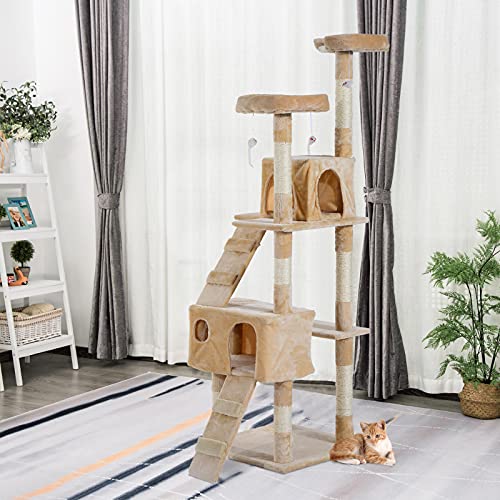 Pawhut Arbol Rascador Gatos 50x50x170cm Dormir Jugar Centro Actividades Arañar Gris NUE (Beige)