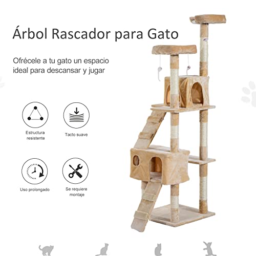 Pawhut Arbol Rascador Gatos 50x50x170cm Dormir Jugar Centro Actividades Arañar Gris NUE (Beige)