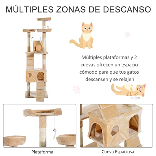 Pawhut Arbol Rascador Gatos 50x50x170cm Dormir Jugar Centro Actividades Arañar Gris NUE (Beige)