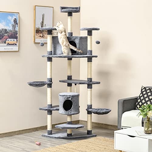 PawHut Árbol Rascador para Gatos Grande 60x60x200 cm con 2 Cuevas 2 Hamacas Cama Múltiples Plataformas Postes Rascadores de Sisal Natural y Bolas de Juguete Gris