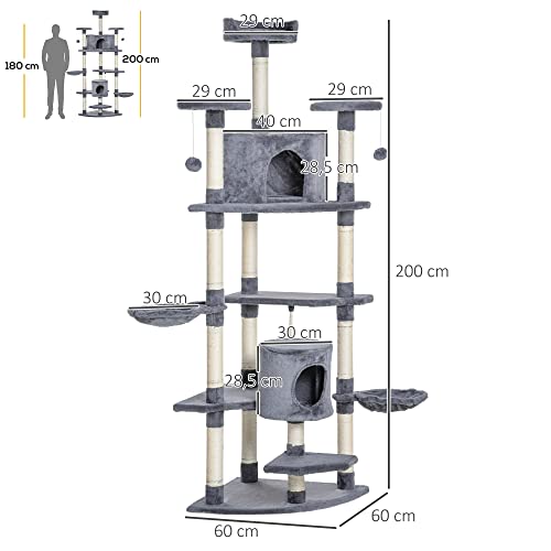 PawHut Árbol Rascador para Gatos Grande 60x60x200 cm con 2 Cuevas 2 Hamacas Cama Múltiples Plataformas Postes Rascadores de Sisal Natural y Bolas de Juguete Gris