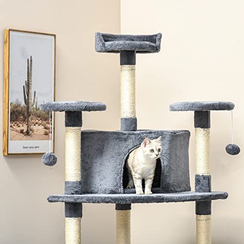 PawHut Árbol Rascador para Gatos Grande 60x60x200 cm con 2 Cuevas 2 Hamacas Cama Múltiples Plataformas Postes Rascadores de Sisal Natural y Bolas de Juguete Gris