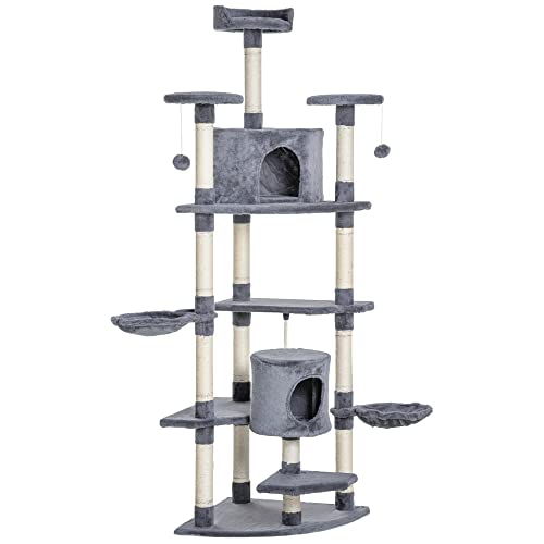 PawHut Árbol Rascador para Gatos Grande 60x60x200 cm con 2 Cuevas 2 Hamacas Cama Múltiples Plataformas Postes Rascadores de Sisal Natural y Bolas de Juguete Gris