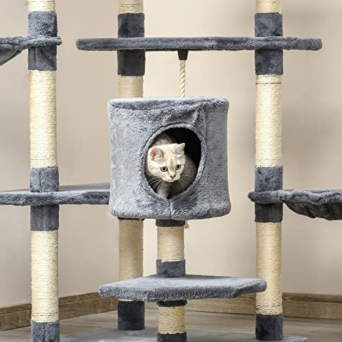 PawHut Árbol Rascador para Gatos Grande 60x60x200 cm con 2 Cuevas 2 Hamacas Cama Múltiples Plataformas Postes Rascadores de Sisal Natural y Bolas de Juguete Gris