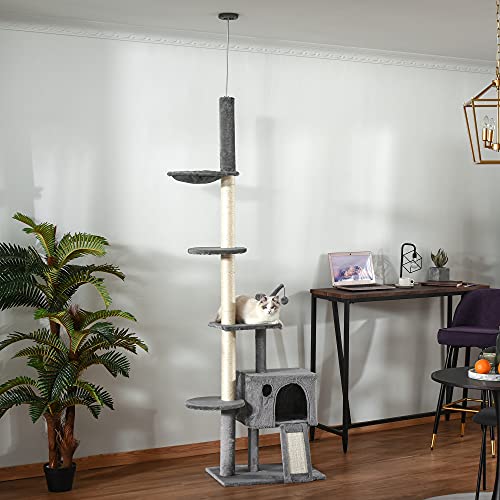 Pawhut Árbol Rascador para Gatos Rascador para Fijar al Techo Altura Ajustable 238-270 cm con Hamaca Cueva Rampa Bola de Juego Gris Claro