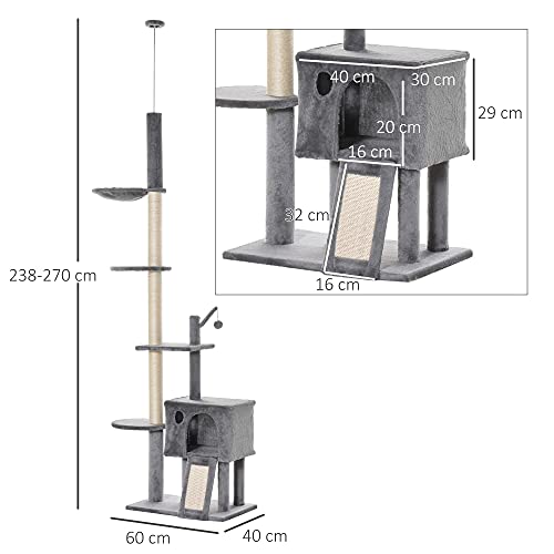 Pawhut Árbol Rascador para Gatos Rascador para Fijar al Techo Altura Ajustable 238-270 cm con Hamaca Cueva Rampa Bola de Juego Gris Claro