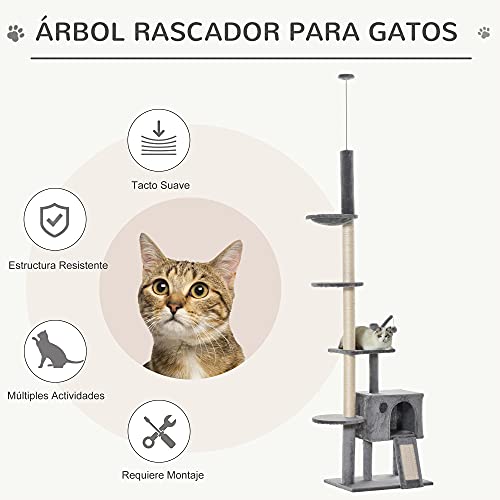 Pawhut Árbol Rascador para Gatos Rascador para Fijar al Techo Altura Ajustable 238-270 cm con Hamaca Cueva Rampa Bola de Juego Gris Claro