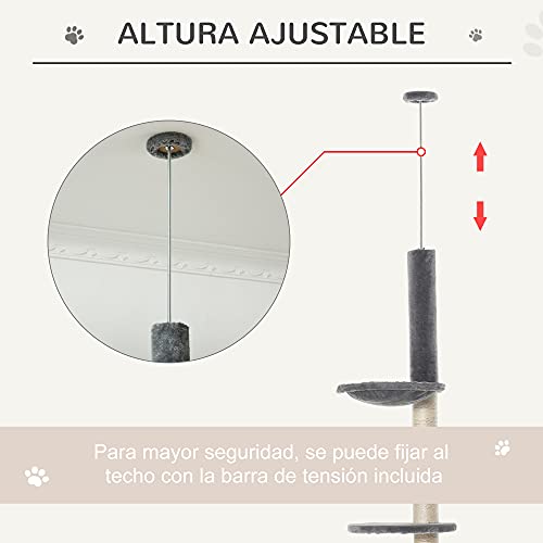 Pawhut Árbol Rascador para Gatos Rascador para Fijar al Techo Altura Ajustable 238-270 cm con Hamaca Cueva Rampa Bola de Juego Gris Claro