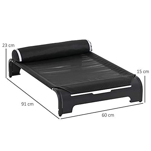 Pawhut Cama Elevada para Mascotas Perros Gatos Tela Transpirable con Almohada Extraíble Exterior Interior Jardín Terraza 91x60x23 cm Negro