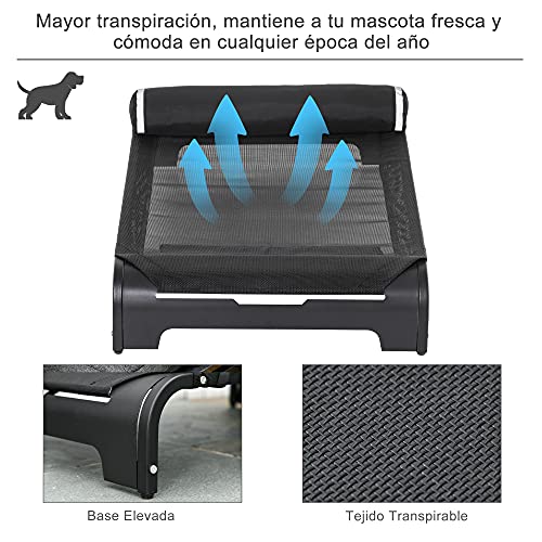 Pawhut Cama Elevada para Mascotas Perros Gatos Tela Transpirable con Almohada Extraíble Exterior Interior Jardín Terraza 91x60x23 cm Negro