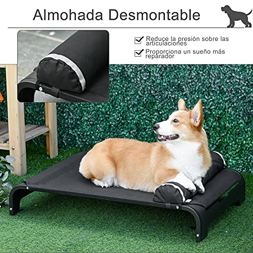 Pawhut Cama Elevada para Mascotas Perros Gatos Tela Transpirable con Almohada Extraíble Exterior Interior Jardín Terraza 91x60x23 cm Negro