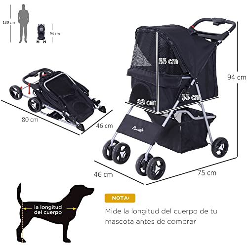 Pawhut Cochecito para Mascotas Plegable Carrito para Perros con Toldo Ajustable Cesta de Almacenaje y Ruedas con Freno Tela Oxford Marco de Acero 75x46x94 cm Negro