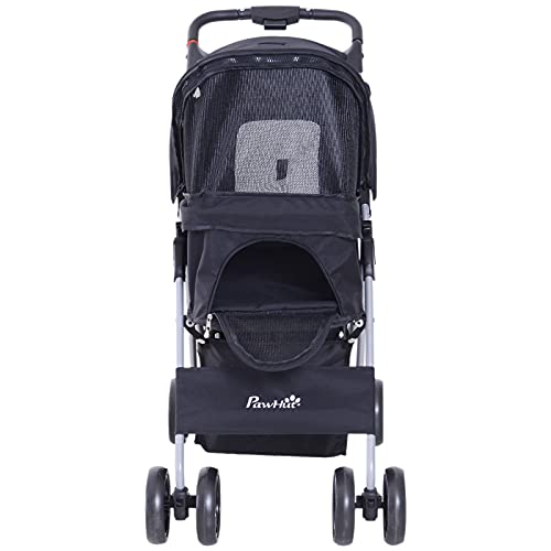 Pawhut Cochecito para Mascotas Plegable Carrito para Perros con Toldo Ajustable Cesta de Almacenaje y Ruedas con Freno Tela Oxford Marco de Acero 75x46x94 cm Negro