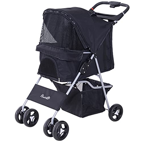 Pawhut Cochecito para Mascotas Plegable Carrito para Perros con Toldo Ajustable Cesta de Almacenaje y Ruedas con Freno Tela Oxford Marco de Acero 75x46x94 cm Negro